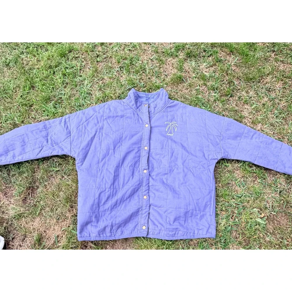 Amuse Society Quilted‎ Snap Front Jacket Periwinkle Blue Palm Tree Logo L/XL
